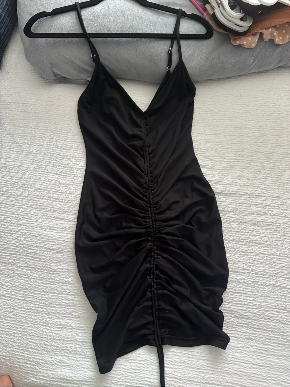 Women's Black Ruched Slip Dress with Spaghetti Straps